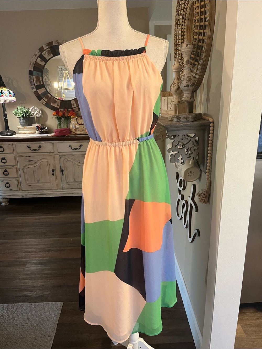 Banana Republic Peach, Green & Blue Colorblock Spaghetti-Strap Midi Dress